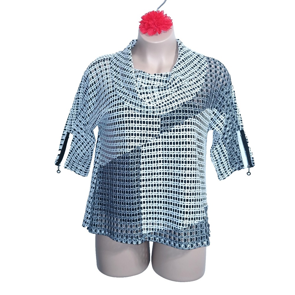 Ali Miles Women Open Knit Cowl Neck Tunic Top PL Black White Abstract Geometric